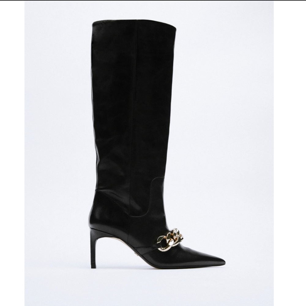 ZARA HEELED LEATHER KNEE HIGH BOOTS WITH CHAIN DETAIL - Picture 7 of 11